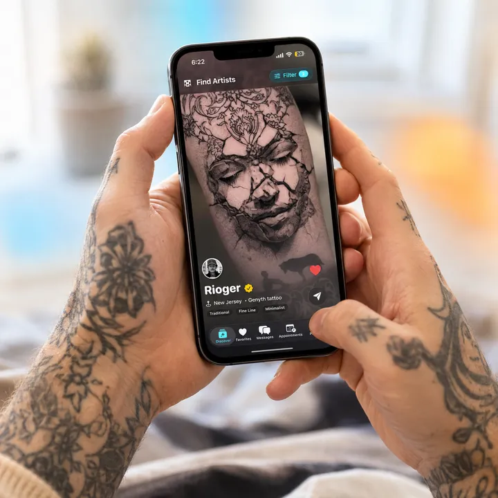 Hands holding a phone showing verified New York tattoo artists in the Tabooink app