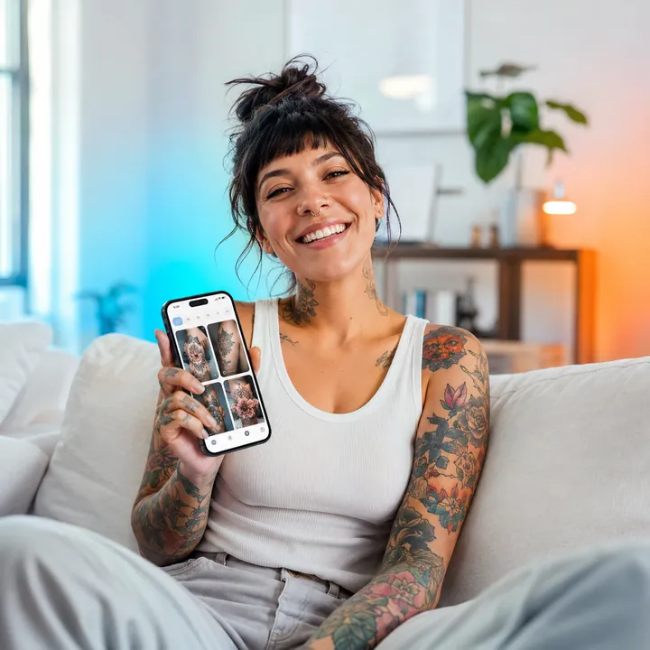 Smiling tattooed woman holding a phone browsing New York tattoo artists