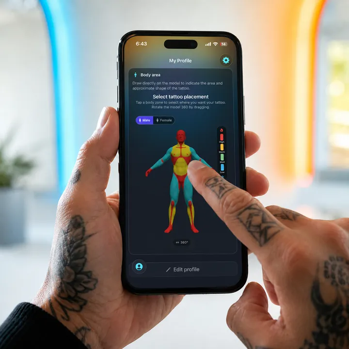 Hand using the Tabooink app's interactive 3D body model with tattoo pain zones color-coded from low to high