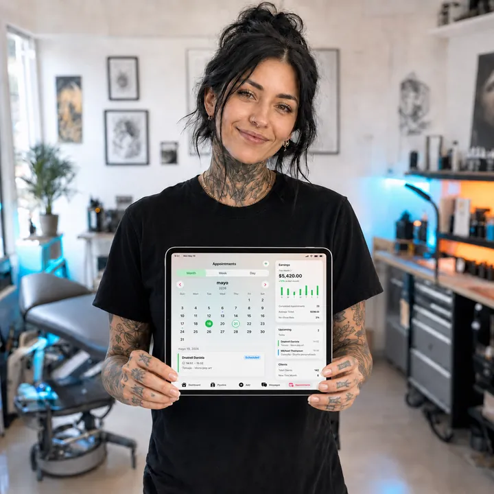 Tattoo artist in her studio holding a tablet with Tabooink's appointment calendar and earnings dashboard