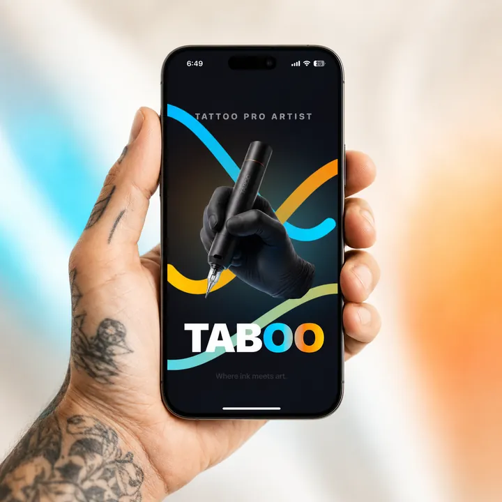Hand holding a phone showing the Tabooink app logo screen with a tattoo machine